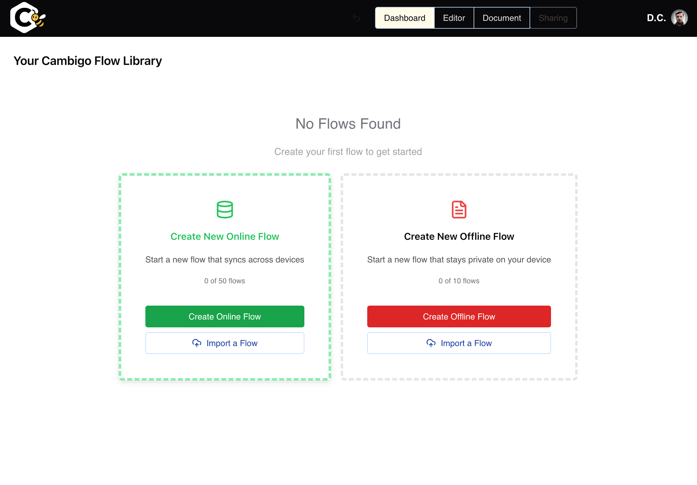 Review the Flow Library Dashboard in Cambigo